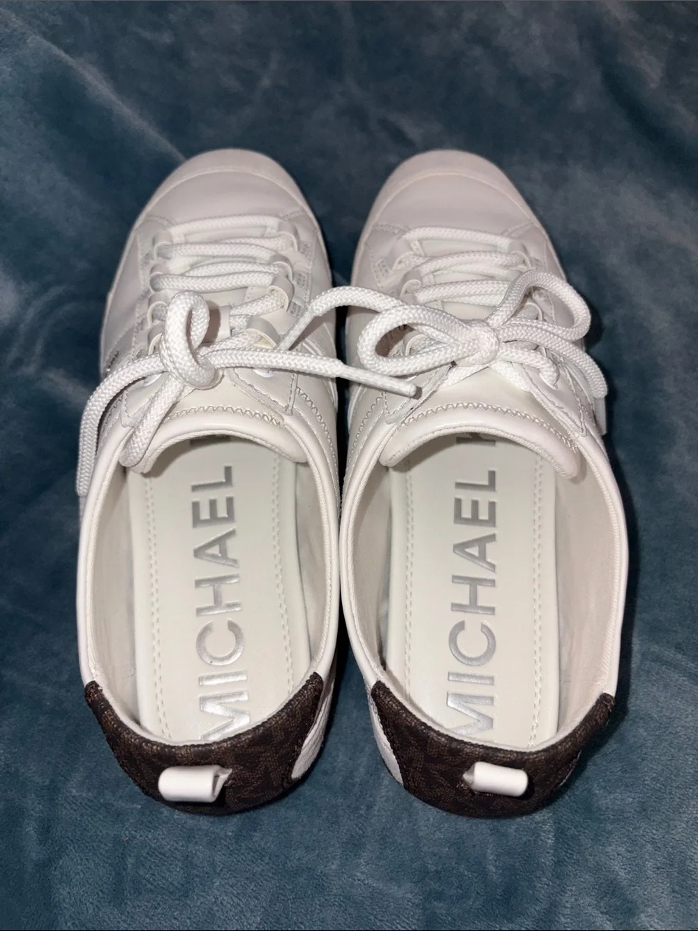 Michael Kors White Leather Low-Profile Lace-Up Sneakers with Brown Trim